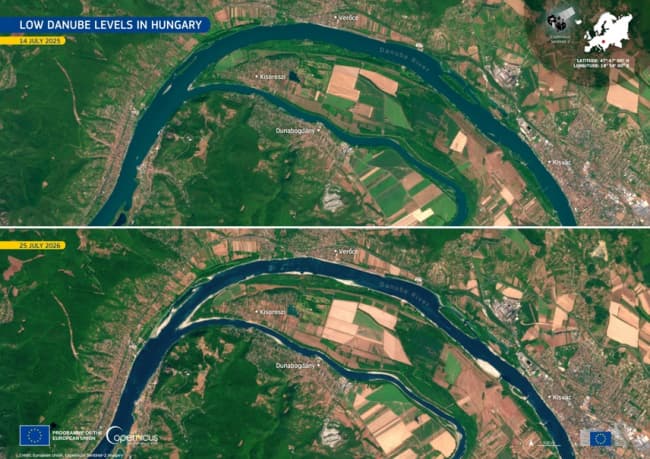 Супутникові знімки демонструють ступінь пересихання русла Дунаю в Угорщині 