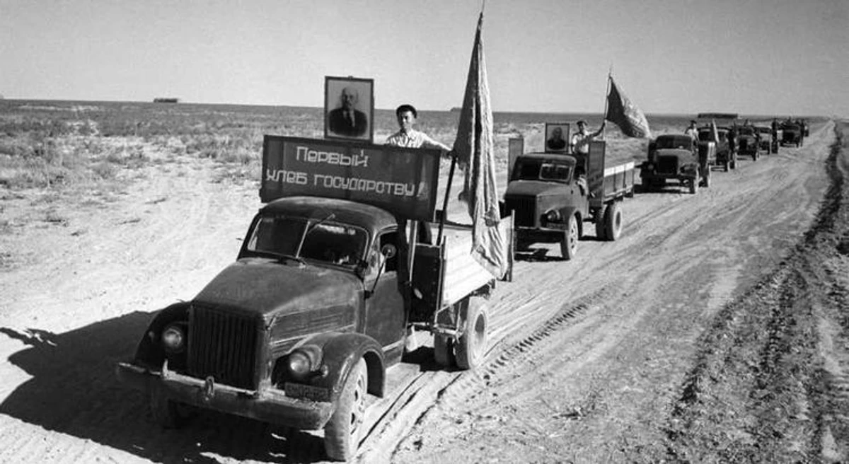 Из одного из отчетов за 1954 год: Железнодорожный билет до Черновцов, приобретенный в кассе главного вокзала Львова, стоил от 40 до 50 рублей. В поезде ехала группа из примерно 15 молодых украинцев, преимущественно женщин, которые направлялись из Западной Украины на работу на целинные земли Казахстана. В Станиславе они пересели на другие поезда. Многие пассажиры между Львовом и Черновцами были так называемыми гуцулами – украиноязычным народом, населяющим предгорье Карпат к северу от советско-румынской границы. Некоторые из них были одеты в характерную национальную одежду.
На фото: освоение целинных земель Казахстана